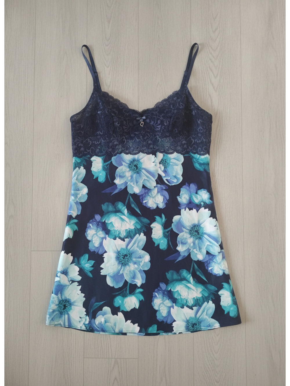 Thalia Sodi Intimates Blue Floral Lace Satin Chemise Sleepwear Slip Dress M